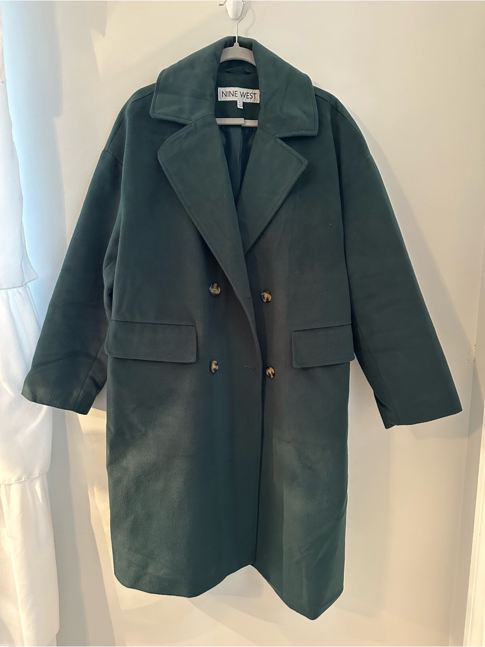 Nine West Women’s Long Double Breasted Coat Dark Green Notched Lapel Pockets